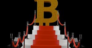 Bitcoin symbol on red carpet isolated on black background. 3d illustration